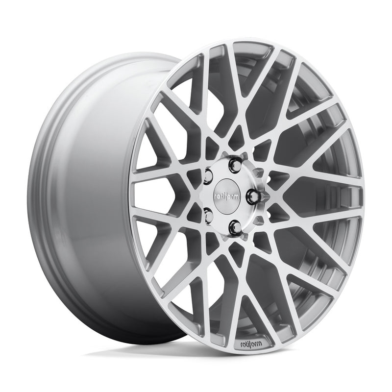 Rotiform BLQ monoblock cast aluminum 10 spoke mesh pattern automotive wheel in a gloss silver machined finish with an embossed Rotiform logo on the lip and a silver Rotiform logo center cap.