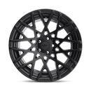 Front face view of a Rotiform BLQ monoblock cast aluminum 10 spoke mesh pattern automotive wheel in a matte black finish with an embossed Rotiform logo on the lip and a black Rotiform logo center cap.