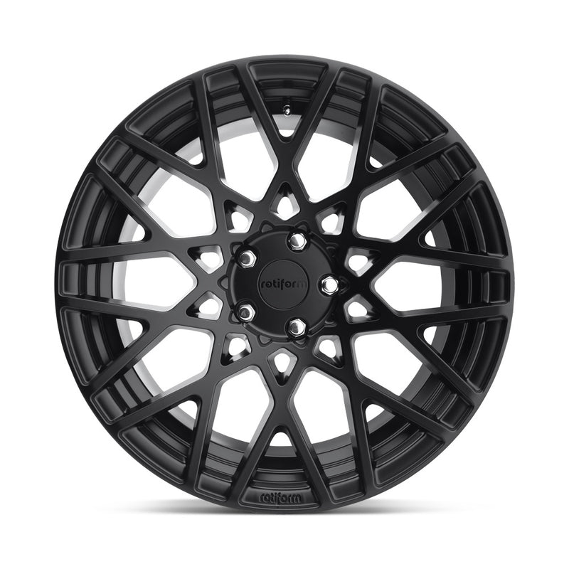 Front face view of a Rotiform BLQ monoblock cast aluminum 10 spoke mesh pattern automotive wheel in a matte black finish with an embossed Rotiform logo on the lip and a black Rotiform logo center cap.
