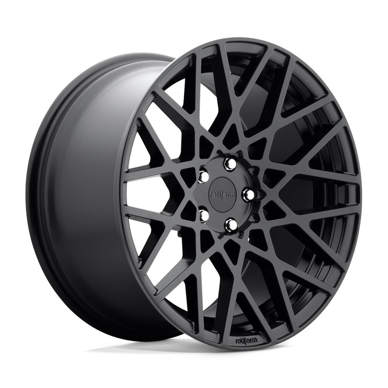 Rotiform BLQ monoblock cast aluminum 10 spoke mesh pattern automotive wheel in a matte black finish with an embossed Rotiform logo on the lip and a black Rotiform logo center cap.