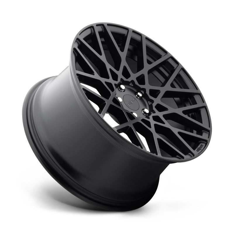 Tilted side view of a Rotiform BLQ monoblock cast aluminum 10 spoke mesh pattern automotive wheel in a matte black finish with an embossed Rotiform logo on the lip and a black Rotiform logo center cap.