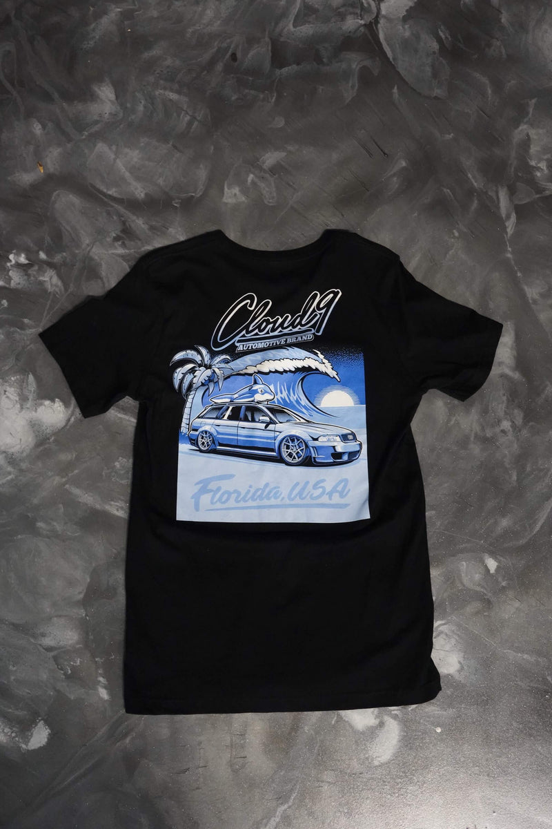 Rear of the black T-shirt with the blue Audi Florida USA graphic with the Cloud 9 Automotive Brand logo above.