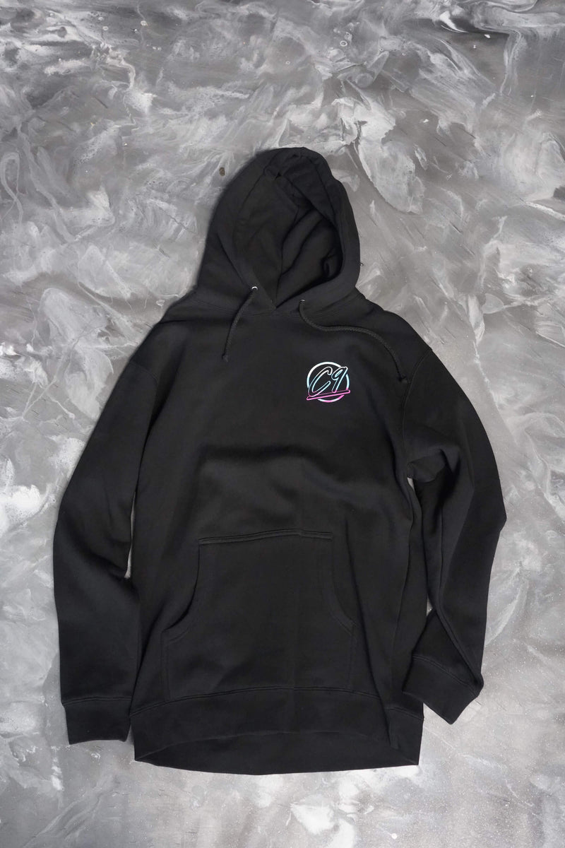 Front of  black hoodie with the round Cloud 9 Automotive brand logo below the left shoulder.