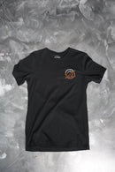 Front of a black T-shirt with the round orange Cloud 9 Automotive Brand logo below the left shoulder. 
