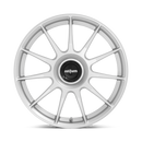 Front face view of a Rotiform DTM monoblock cast aluminum 11 spoke automotive wheel in a silver finish with a Rotiform black center cap.