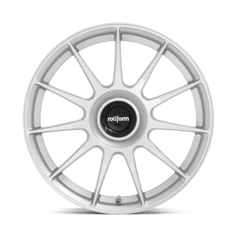 Front face view of a Rotiform DTM monoblock cast aluminum 11 spoke automotive wheel in a silver finish with a Rotiform black center cap.