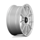 Side view of a Rotiform DTM monoblock cast aluminum 11 spoke automotive wheel in a silver finish with a Rotiform black center cap.