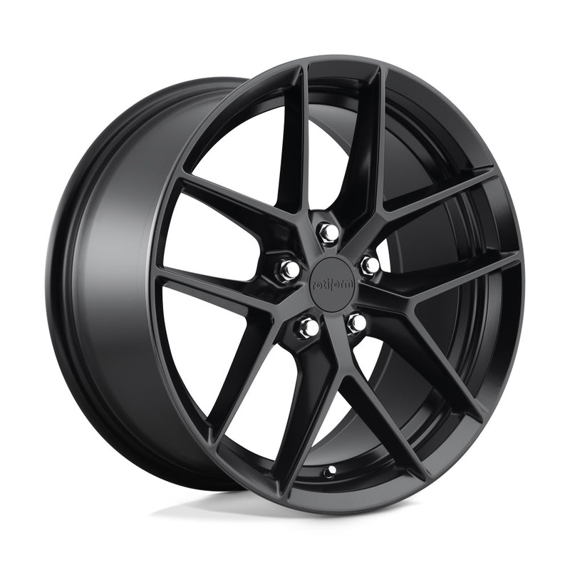 Rotiform FLG monoblock cast aluminum 5 double V shape spoke design automotive wheel in a matte black finish with a black Rotiform logo center cap.