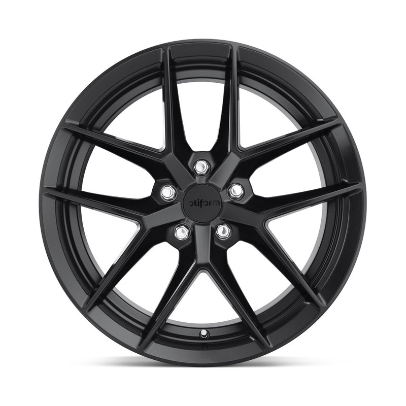 Front face view of a Rotiform FLG monoblock cast aluminum 5 double V shape spoke design automotive wheel in a matte black finish with a black Rotiform logo center cap.