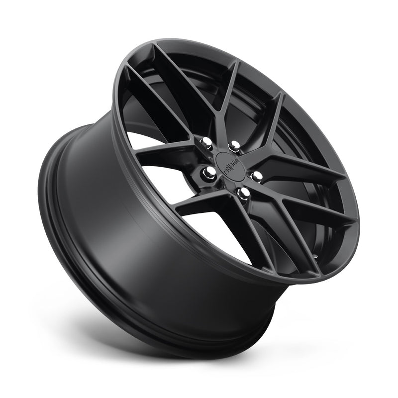 Tilted side view of a Rotiform FLG monoblock cast aluminum 5 double V shape spoke design automotive wheel in a matte black finish with a black Rotiform logo center cap.