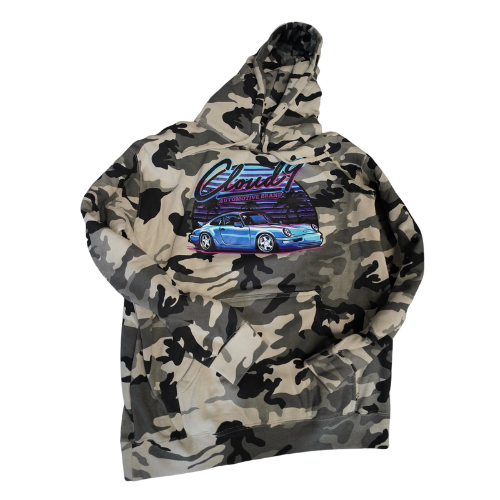 Front of snow camo pattern hoodie with Cloud 9 Automotive Brand blue Porsche logo