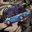 Close up view of Cloud 9 Automotice Brand Blue Porsche logo on snow camo pattern hoodie  hoodie