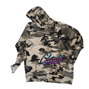 Snow pattern hoodie showing Cloud 9 Automotive Brand logo on the back of the hoodie towards the bottom