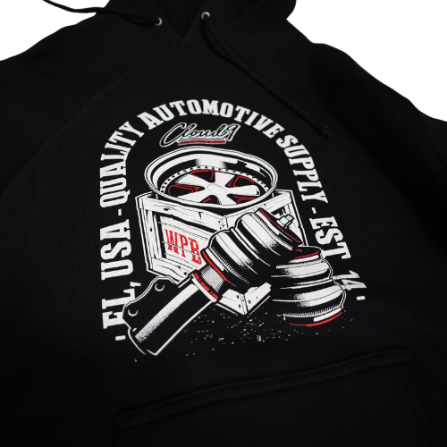 Close up of the front of a Cloud 9 black hoodie showing crate graphic containing wheel and pair of air suspension struts.