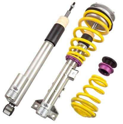 1 assembled vehicle suspension chrome and yellow coilover and 1 coilover body and 1 yellow coilover spring