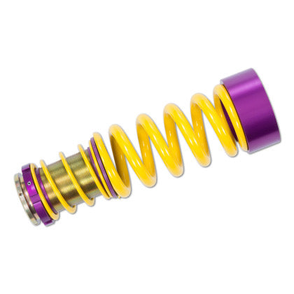 1 yellow vehicle suspension height adjustable spring with threaded adjuster fitting at one end of spring