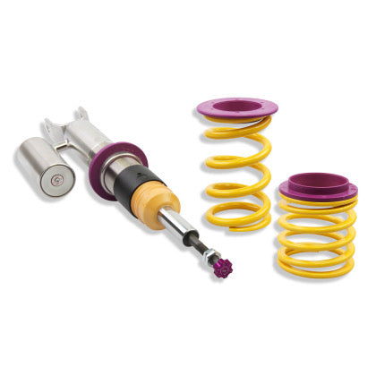 1 chrome body coilover with purple accented fittings and purple rebound knob, 2 yellow springs with purple fittings,