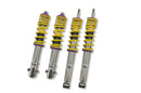 4 vehicle suspension chrome body coilovers with yellow springs and purple accented fittings.