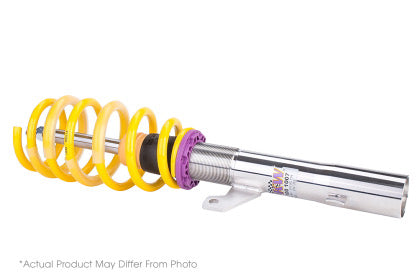 1 vehicle suspension chrome body coilover with yellow spring and purple accented fitting.