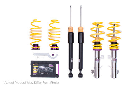 2 assembled vehicle suspension chrome coilovers with yellow spring, 2 black coilover bodies and 2 yellow springs with end fittings and installation tool with storage box.