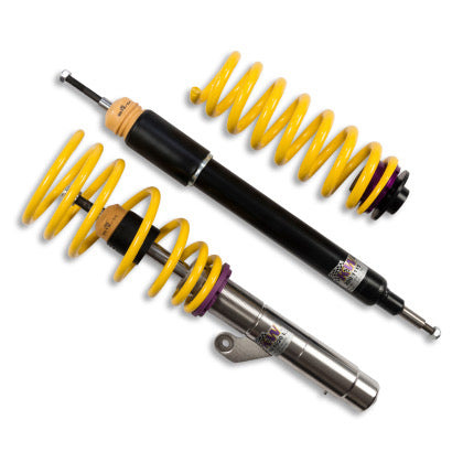 1 assembled vehicle suspension chrome coilover with yellow spring, 1 black coilover body and 1 yellow spring.