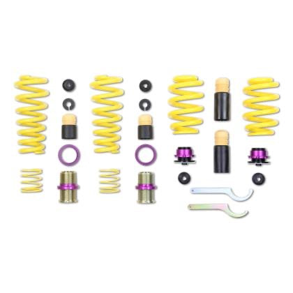 4 yellow vehicle suspension height adjustable springs with adjuster fittings, end connectors and installation tools