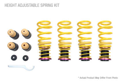 4 yellow vehicle suspension height adjustable springs with 4 end fittings and 1 installation tool