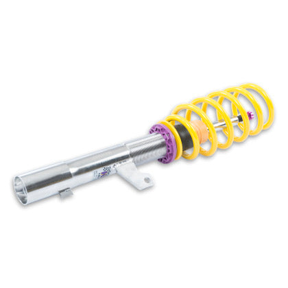 1 vehicle suspension chrome body coilover with yellow spring and purple accented fittings.
