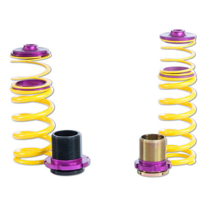 2 yellow vehicle suspension height adjustable springs with 2 threaded adjuster end fittings