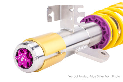 One end of chrome body coilover with yellow spring showing adjustable height bump knob.