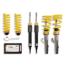 2 assembled vehicle suspension chrome coilovers with yellow springs, 2 black coilover bodies and 2 yellow springs with end fittings and coilover installation tool with storage box.