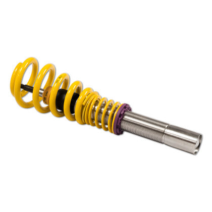 1 vehicle suspension chrome body coilover with yellow spring and purple accented fitting.