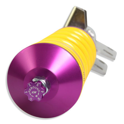 Chrome body coilover with yellow spring, purple accented end fitting and purple rebound adjustment knob.