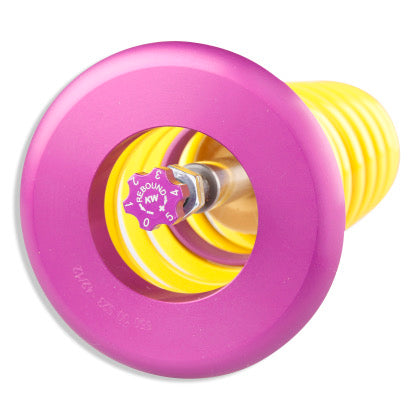 1 coilover with yellow spring with close up of one end showing purple accented fittings and purple rebound adjustment knob.
