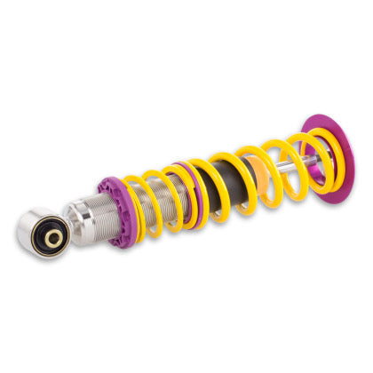 1 chrome coilover with yellow spring and purple fittings.