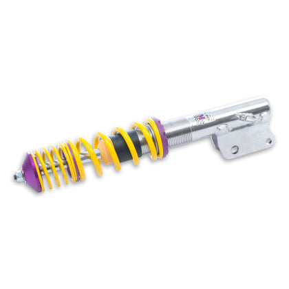 1 assembled vehicle suspension chrome coilover with yellow spring and purple fittings.