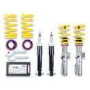 2 assembled vehicle suspension chrome coilovers with yellow springs, 2 black coilover bodies, 2 yellow rings and purple sittings, 2 coilover adjustment tools and storage box.