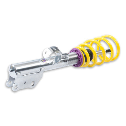 1 chrome vehicle suspension coilover with yellow spring and purple adjustment fitting.