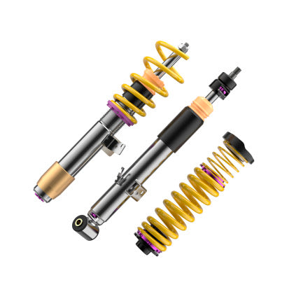 1 assembled vehicle suspension coilover with yellow spring, 1 chrome body coilover and 1 yellow spring with black and purple accented fittings.