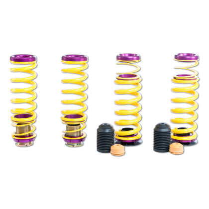 4 yellow vehicle suspension height adjustable springs and 2 end fittings