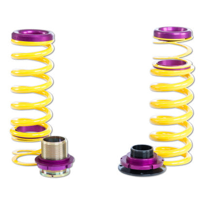 2 yellow vehicle suspension height adjustable springs and 2 threaded adjusters