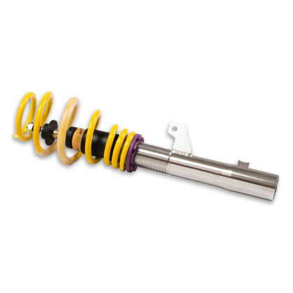 1 chrome vehicle suspension coilover with yellow spring and purple spring adjustment perch.