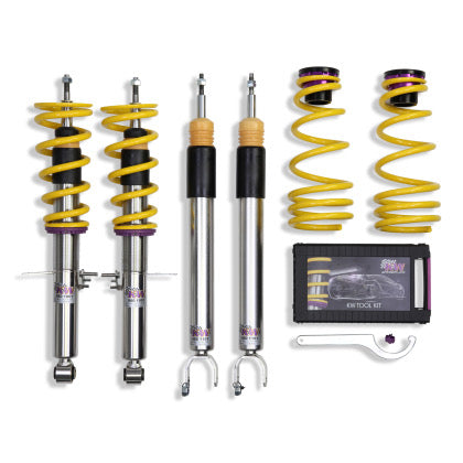 2 vehicle suspension coilovers with yellow springs, 2 coilover bodies and 2 yellow springs with end fittings KW tool kit box and tool.