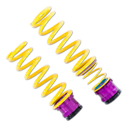 2 yellow vehicle suspension height adjustable springs with end adjuster fittings