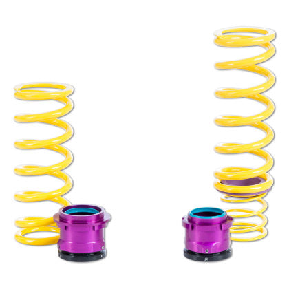 2 yellow vehicle suspension height adjustable springs with adjuster fittings