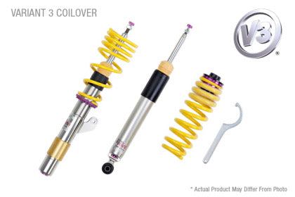 1 vehicle suspension chrome body coilover with yellow spring and purple accented fittings, 1 chrome coilover and 1 yellow spring with purple fitting, 1 coilover adjustment tool.