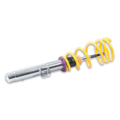 1 vehicle suspension chrome coilover with yellow spring and purple accented fitting.