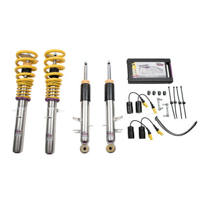 2 vehicle suspension chrome body coilovers with yellow springs and purple accented fittings, 2 chrome body coilovers,  height sensor links  and  sport shock absorbers, coilover adjustment tool box.