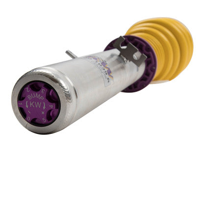 1 chrome body coilover with yellow spring with close up view of purple adjustment knob.