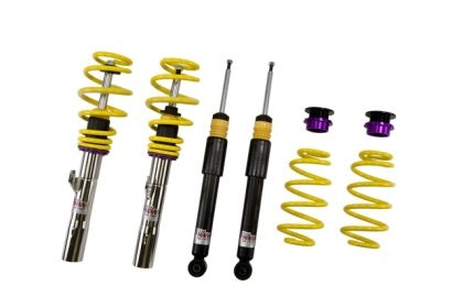 2 assembled vehicle suspension chrome coilovers, 2 black coilovers, 2 yellow springs and 2 purple end spring fittings.